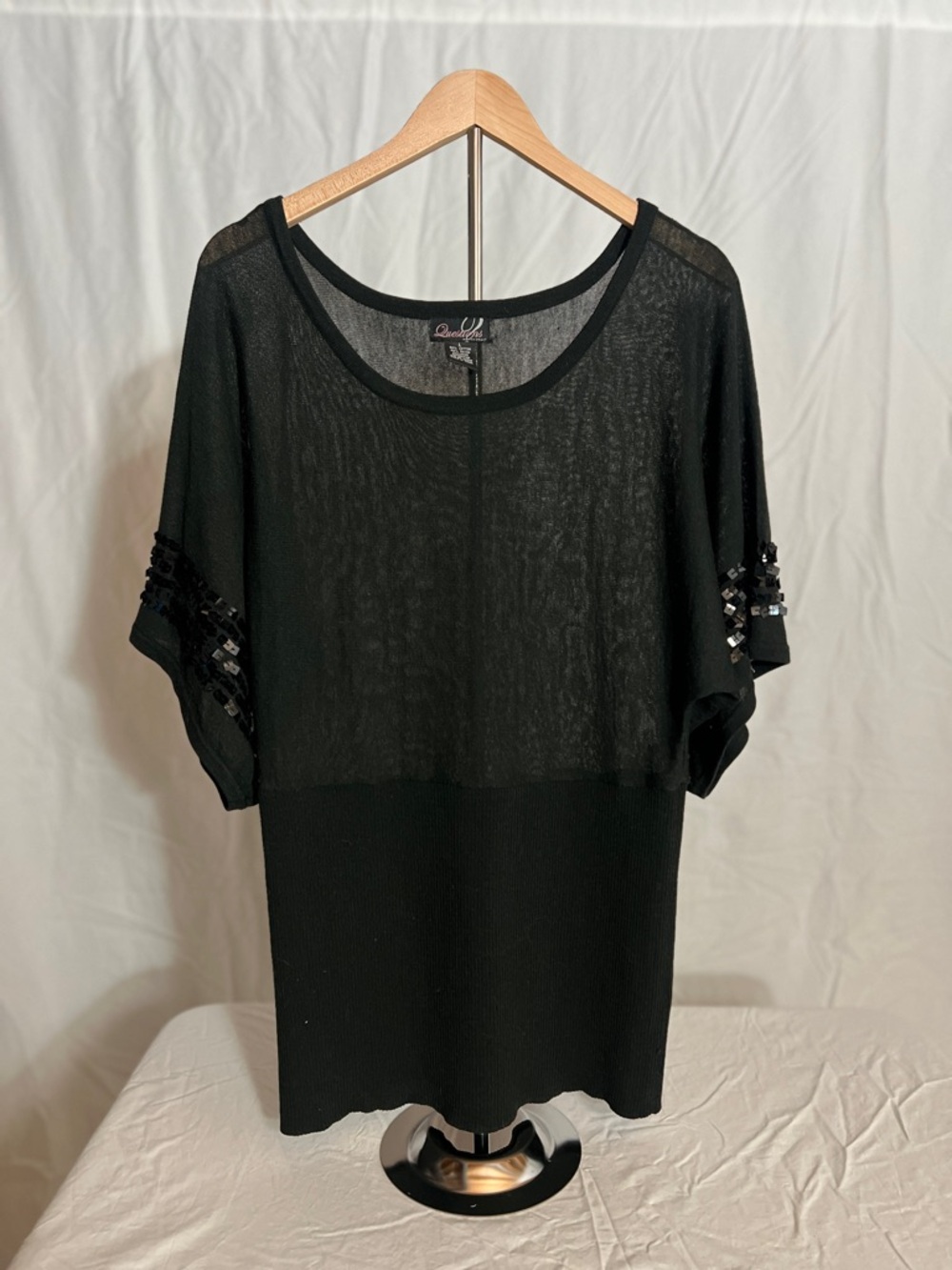 Chaus Black Short Sleeve Sheer Knit Top with Sequin Sleeve Detail